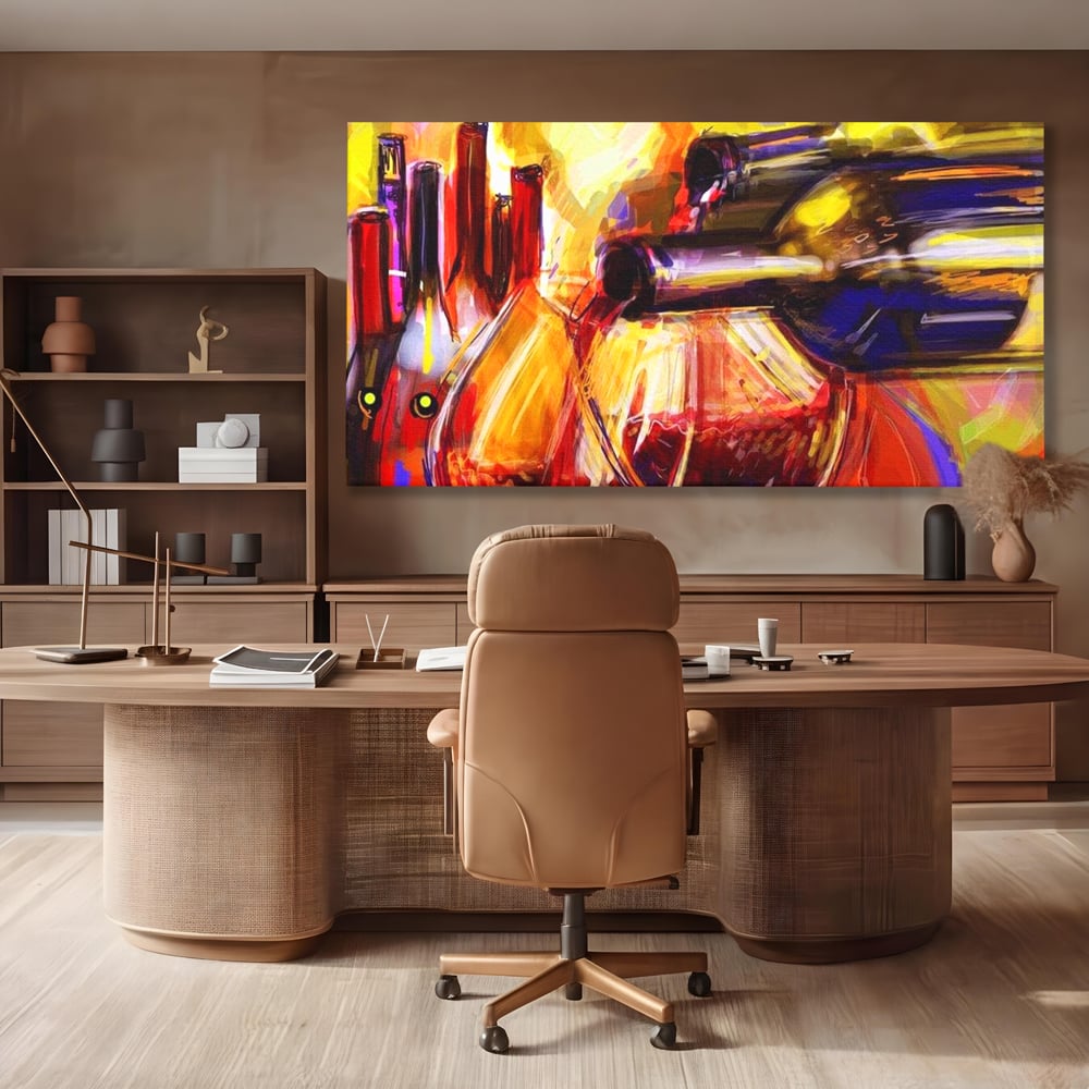 Tablou canvas cu pictura abstracta cu sticle si pahare de vin, fara rama, pe sasiu de lemn, pe perete intr-un birou